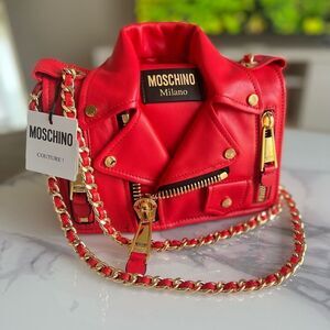 Moschino Zippered Leather Jacket Biker Shoulder Bag Red, Retail $1795 ($700 OFF)
